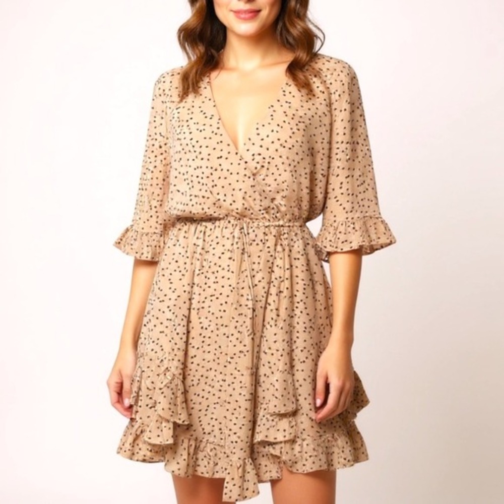 Here Comes The Sun Tan Black Polka Dot Romantic‎ Flowy Ruffled Boho Dress Medium